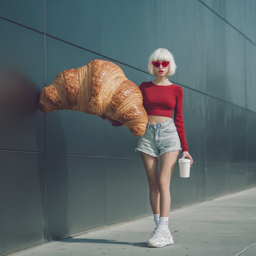 AI generated: A surreal and humorous fashion photo of a stylish young woman standing on a modern city sidewalk wit...