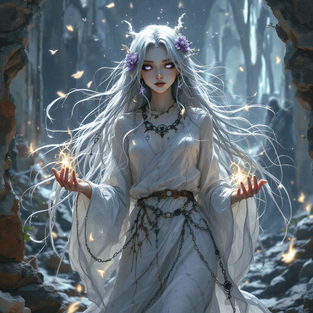 AI generated: 3. The Spectral Weaver of Lost Souls: An ethereal medium with long, flowing, silver hair that seems ...