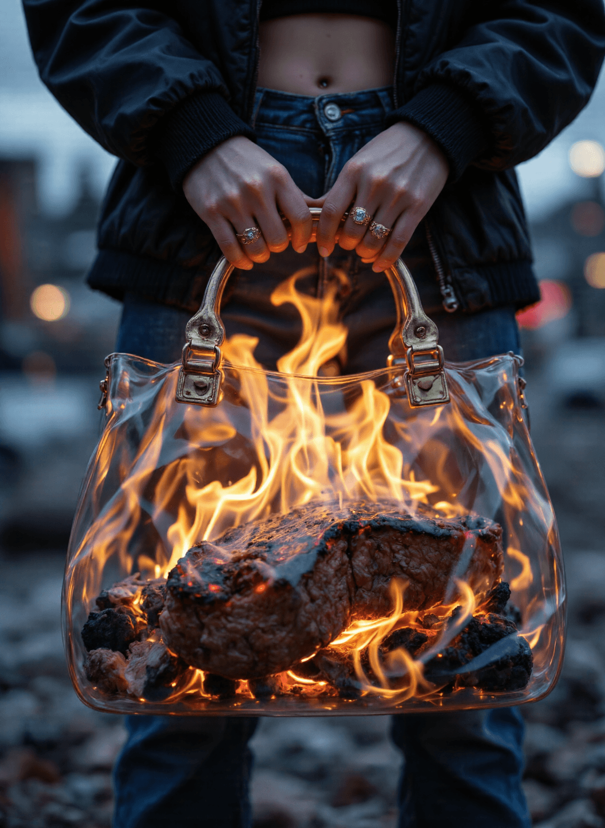 AI generated: The image depicts a woman holding a transparent handbag. Inside the handbag, there is a large piece ...