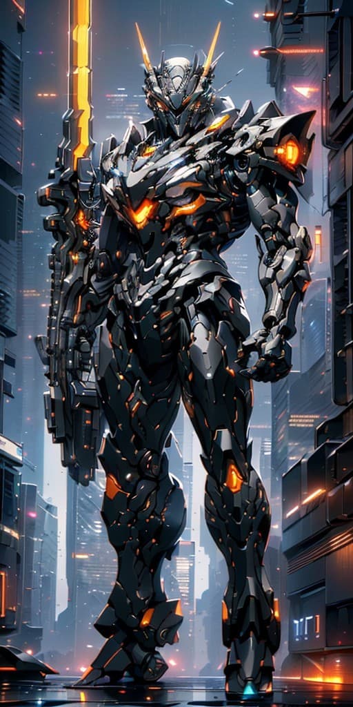 AI generated: Cyberpunk Mecha warrior with pitch black armor standing on a roof of a skyscraper , 8k_wallpaper,ext...