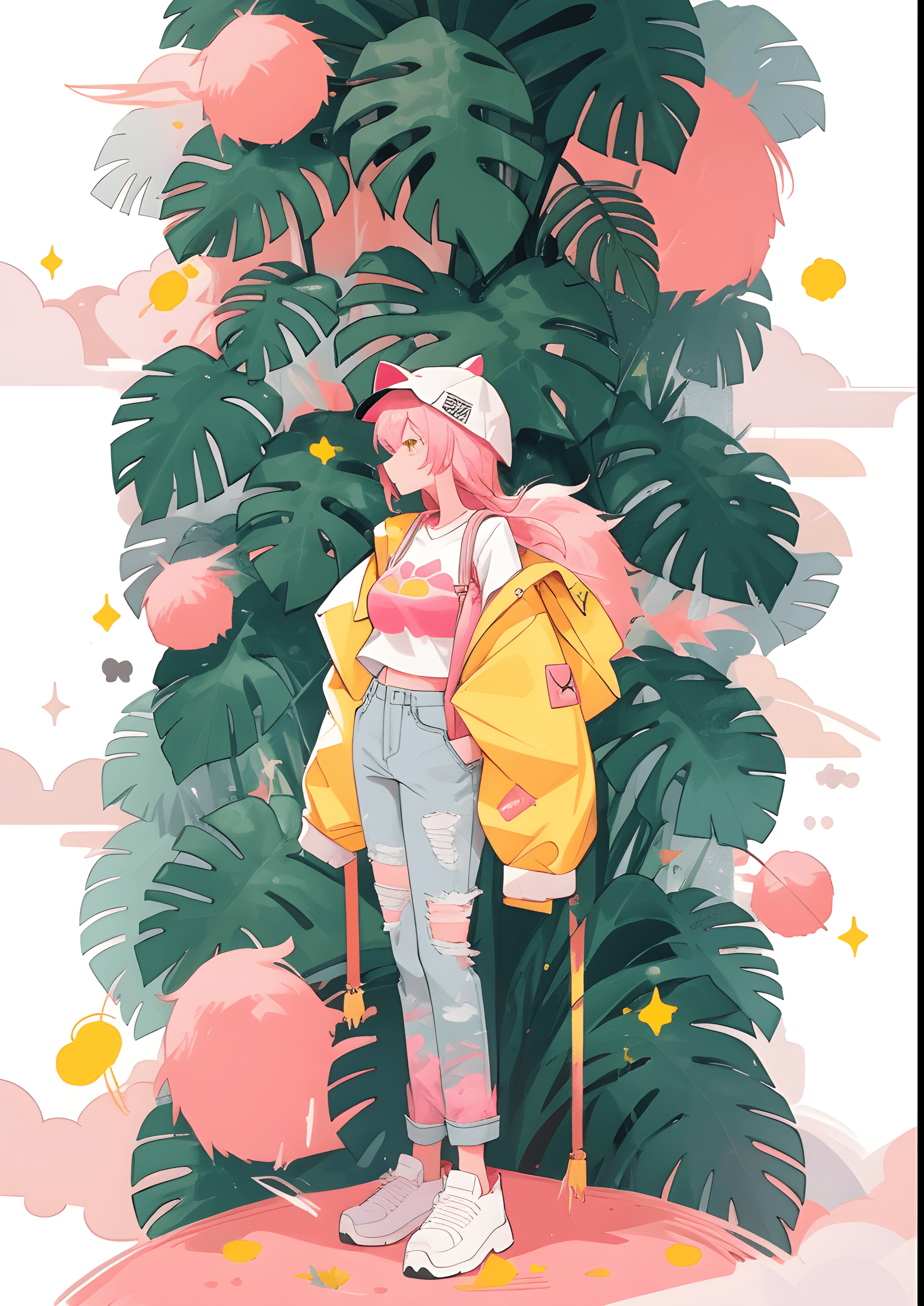 AI generated: a girl standing in front of some plants, cute art style, pink fur, yellow cap, instagram art, torn c...