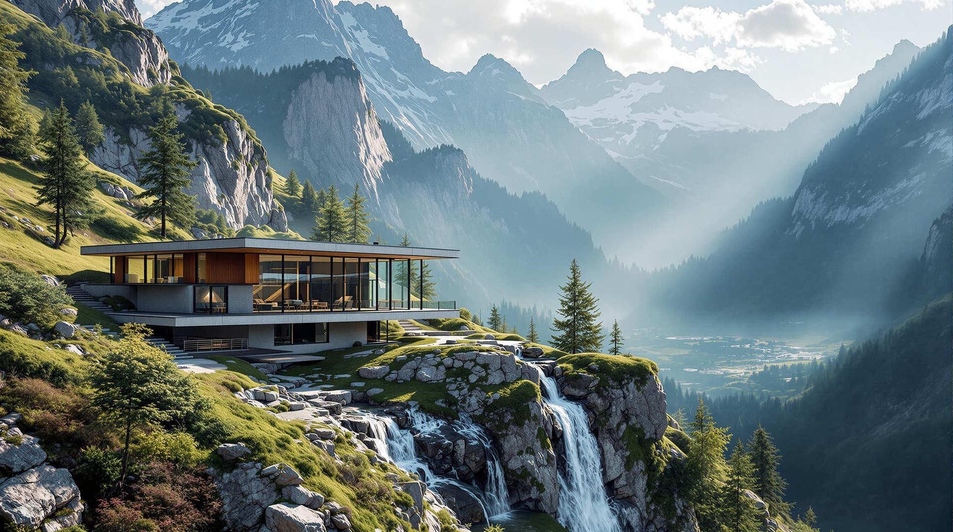 AI generated: Realistic photography of a Bauhaus architecture building on a slope with concrete, wooden and glas f...