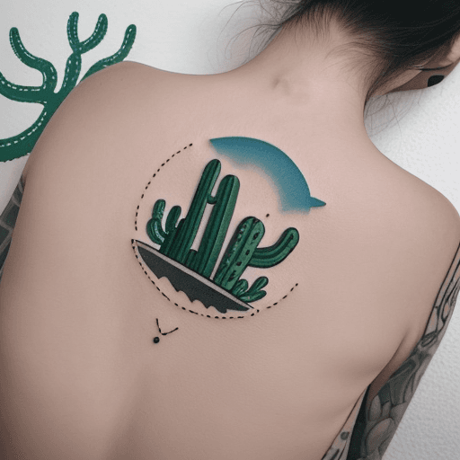 AI generated: Tattoo design that symbolically represents the concepts of  cat, cactus, trust, road, and sea in a m...