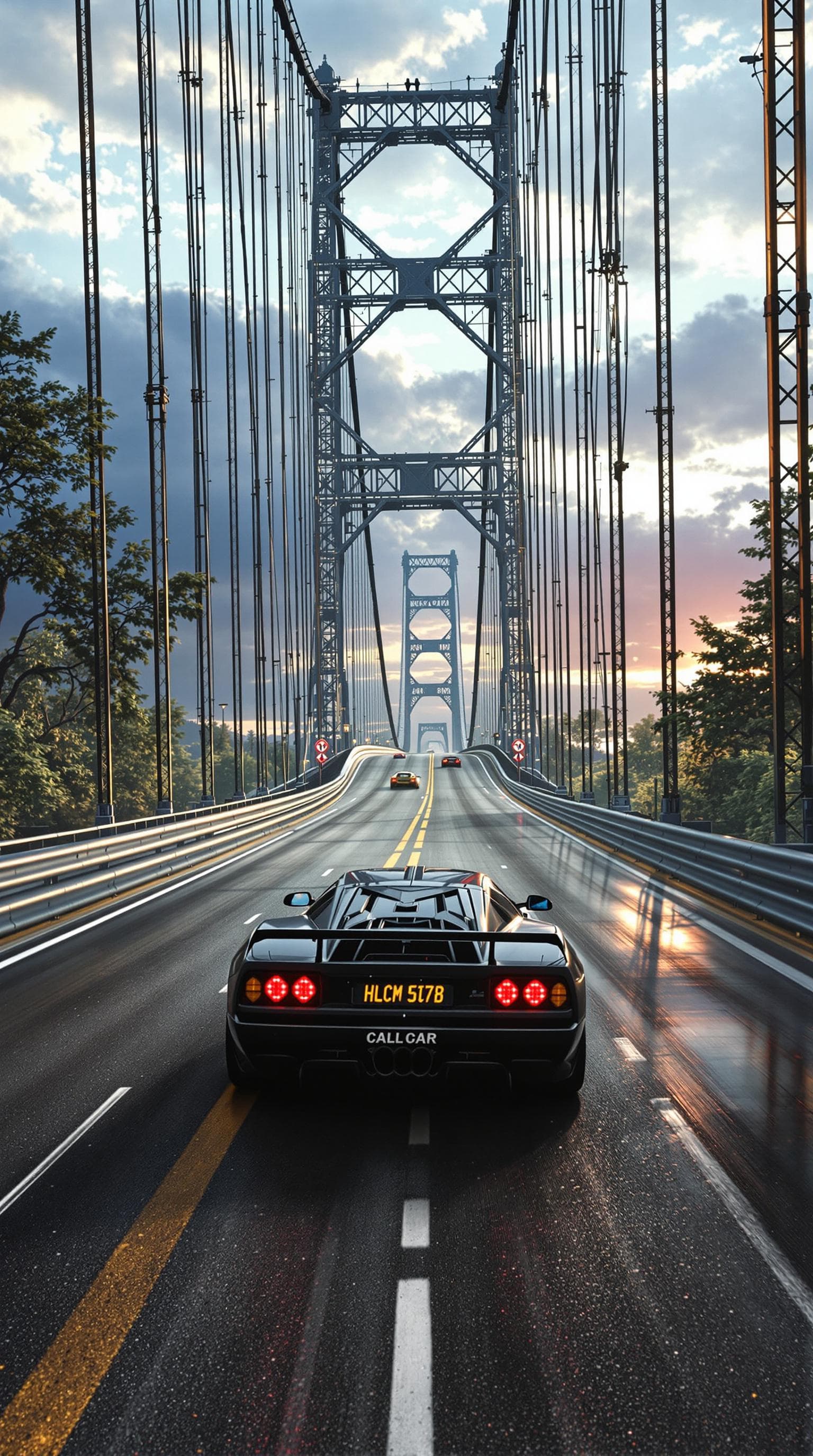 AI generated: Summer.  The race track climbs up the Bulge Bridge, Horror! Failure on the track! There are NO other...