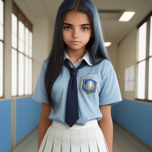 AI generated: 15 year old Brazilian girl with long hair blue eyes, school uniform,