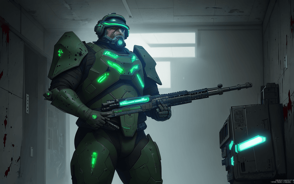 AI generated: fat old man warrior stands and holding a M41A Pulse Rifle in his hands, after the battle, (video gam...