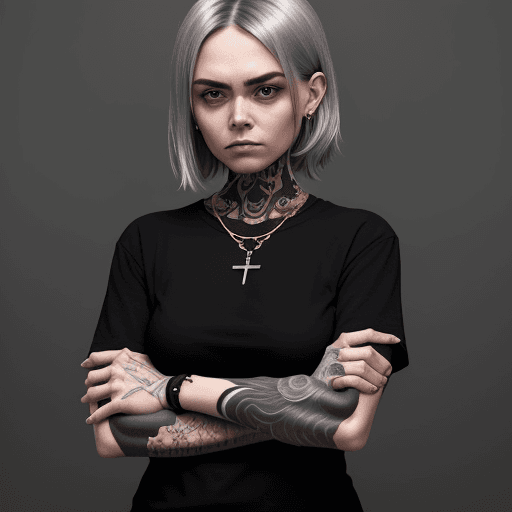 AI generated: a woman in black shirt with her arms folded against , in the style of tattoo, normcore, dark silver ...