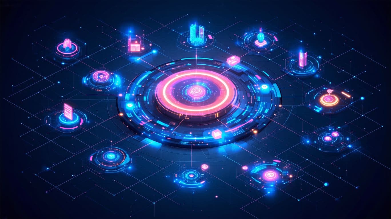 AI generated: **_"A futuristic, high-tech digital network diagram representing an automation layer for hotel techn...