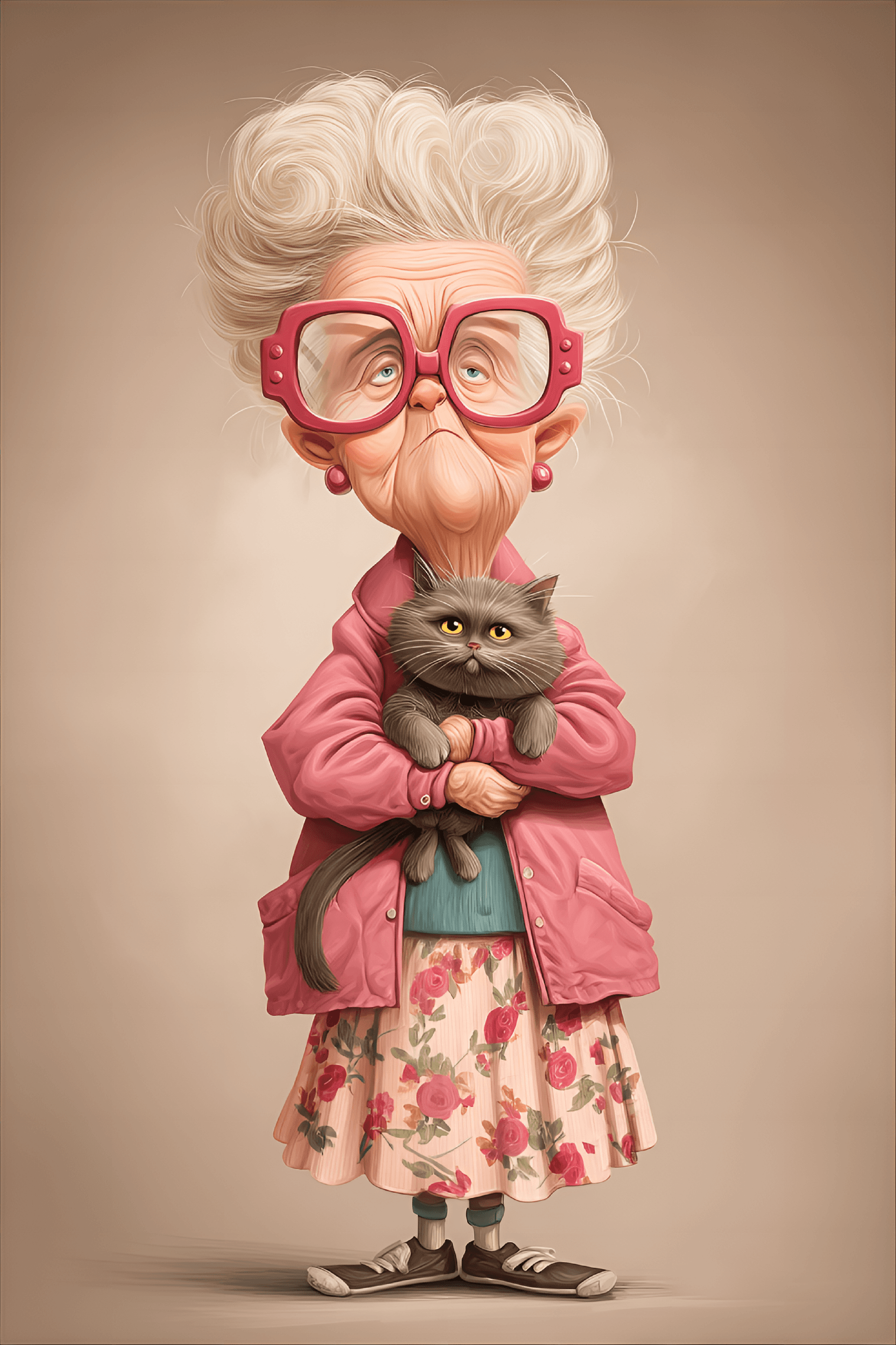 AI generated: funny caricature, elderly lady with cat caricature, elderly caucasian female, 80 years old, pink hai...