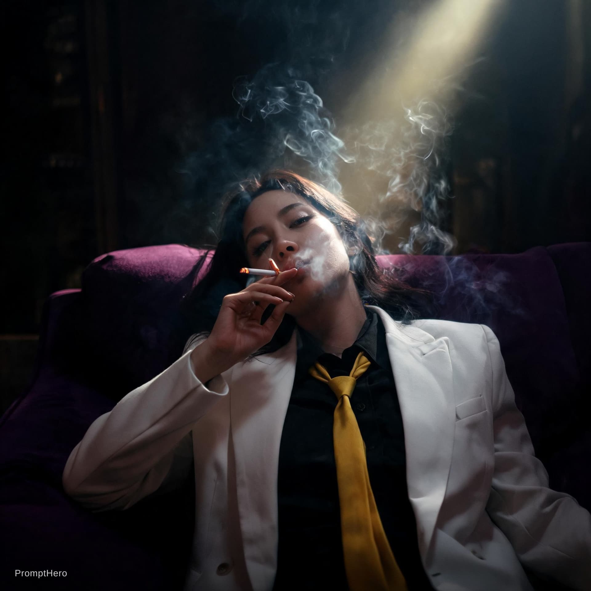 AI generated: snapshot, dimly lit room with a hazy atmosphere, capturing a female model lounging on a deep purple ...