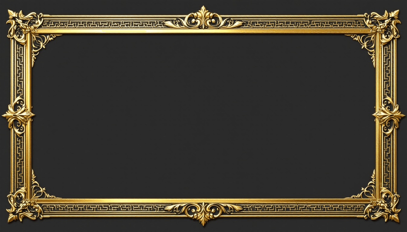 AI generated: A simple, elegant rectangular gold frame with intricate details, designed in an epic fantasy style. ...