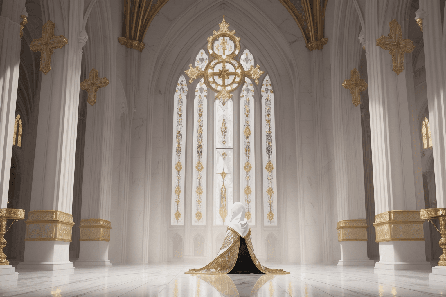 AI generated: a detailed digital painting of a beautiful cathedral interior, ((white marble, intricate gold detail...