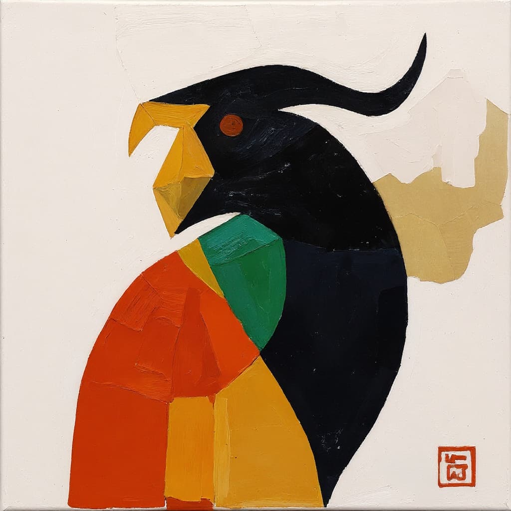 AI generated: Create an artwork similar to this one, same theme, style, etc. -- abstract style, with bird and japa...