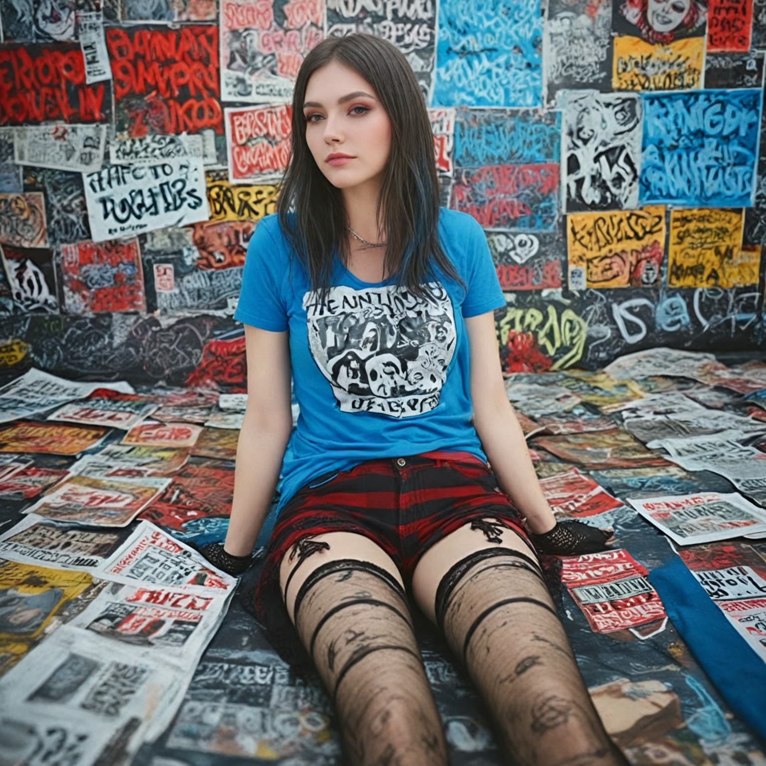 AI generated: In a dirty room with black walls covered in graffiti and old punk concert posters falling off, a ful...
