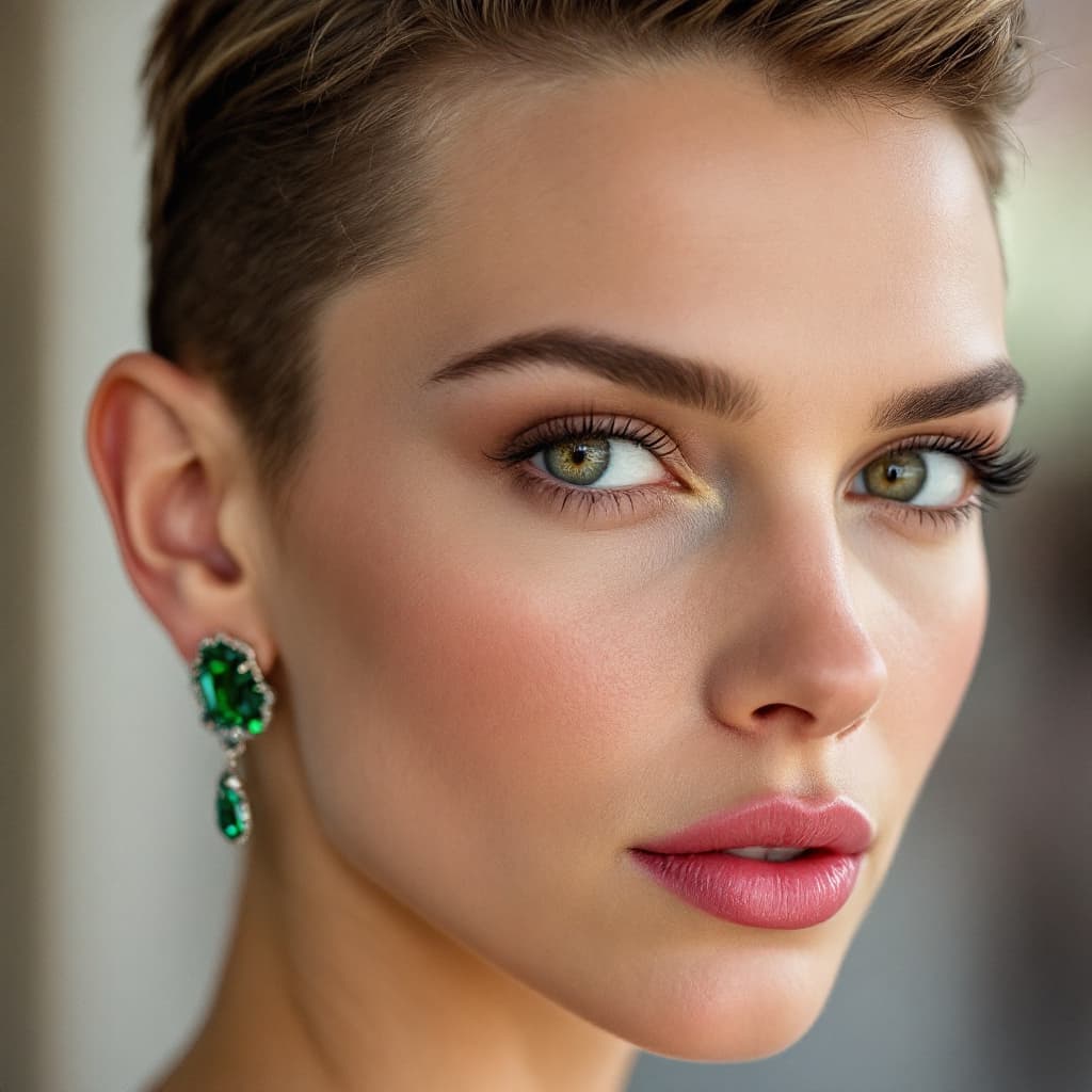 AI generated: A close-up color portrait of a Scarlett Johansson, short, slicked back, light brown hair with shaved...