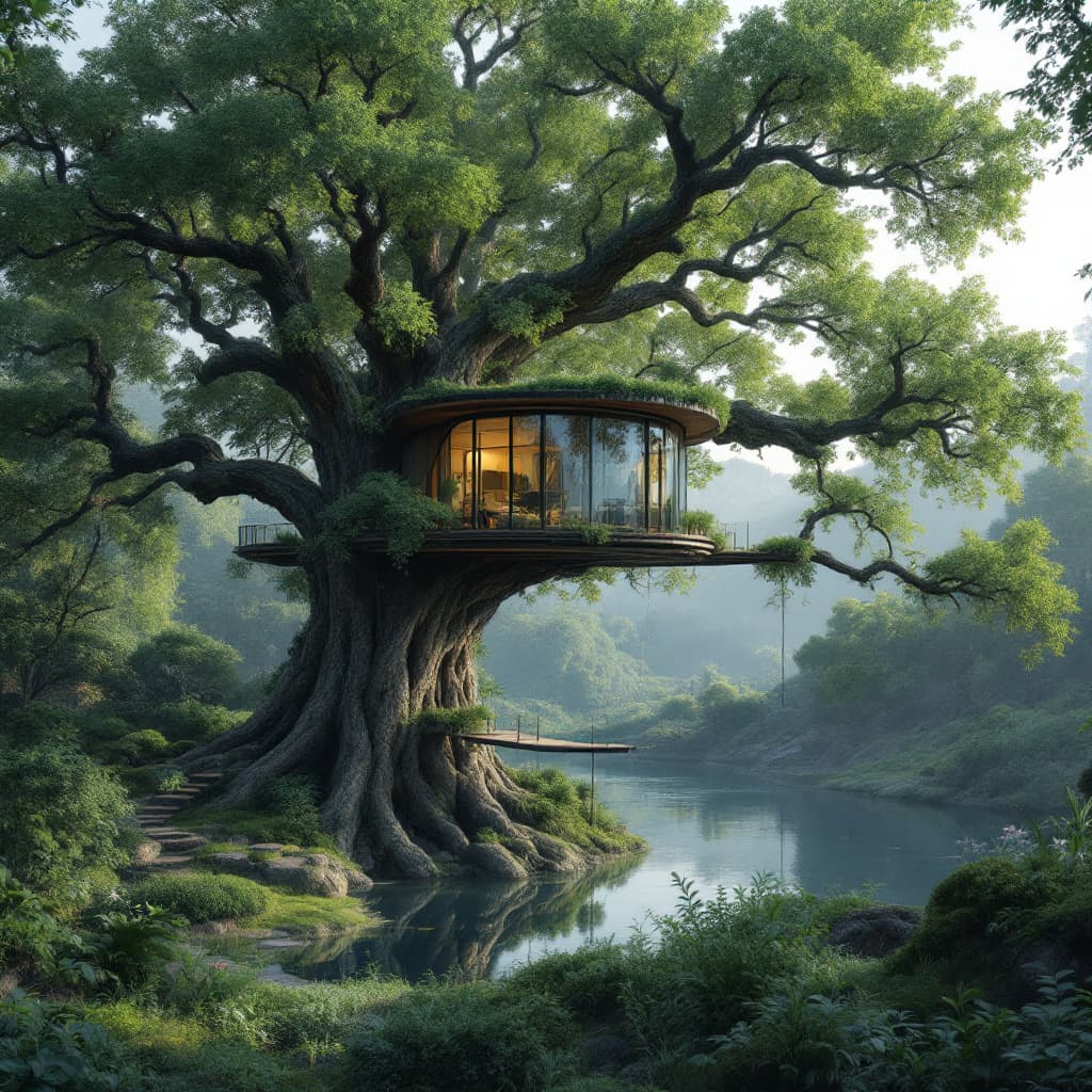 AI generated: Ultra detailed, realistic, cinematic enchanted lighting, very modern tree house, Majestic ancient oa...