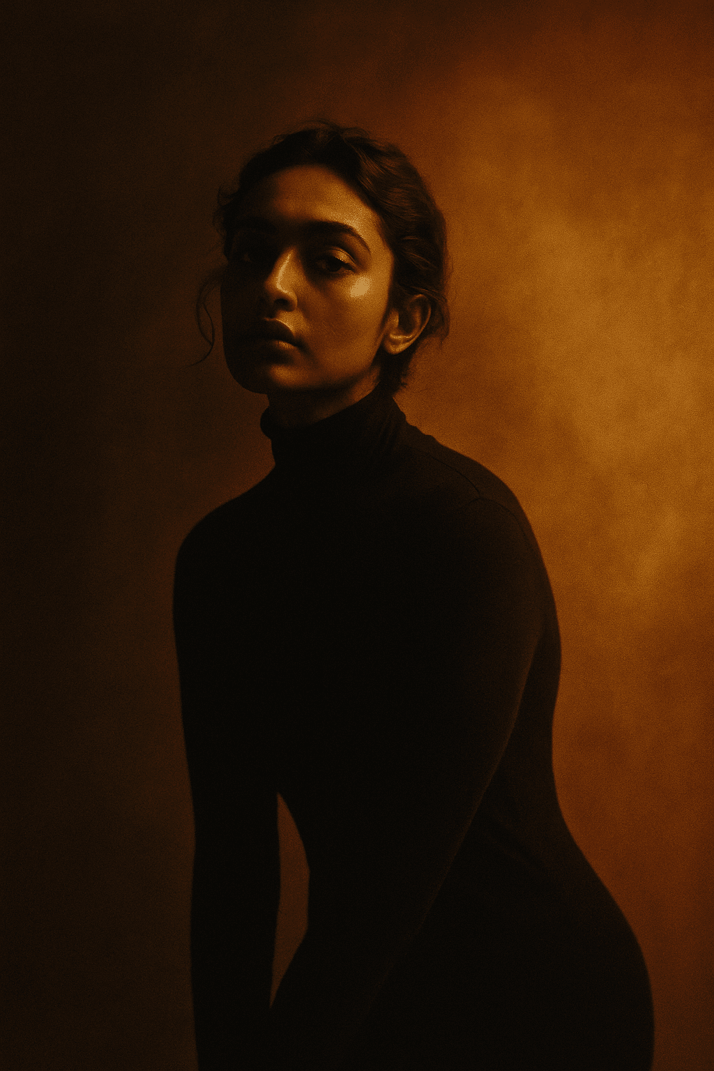 AI generated: Fashion editorial photography, front shot, upper body, professional female model, shot with hasselbl...
