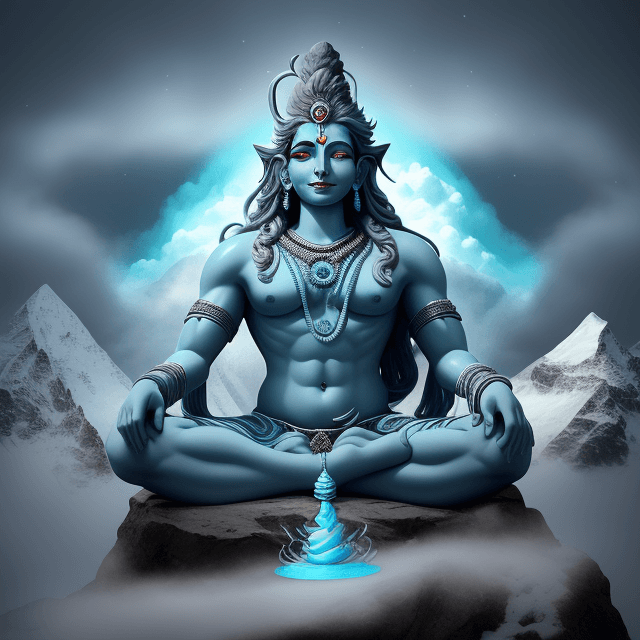 AI generated: "Generate an image of god shiva, the Hindu deity, depicted seated in meditation atop Mountain. Show ...