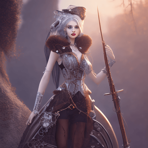AI generated: Very beautiful Steampunk lady, long silver hair, steampunk outfit and weapon, hyperrealism, photorea...