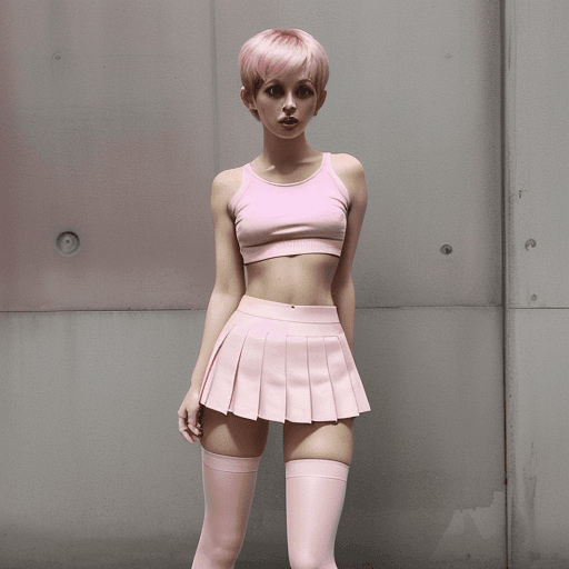 AI generated: 1girl, standing up, legs spread, wearing a pink crop top, a pink slutty micro skirt, pink thigh high...