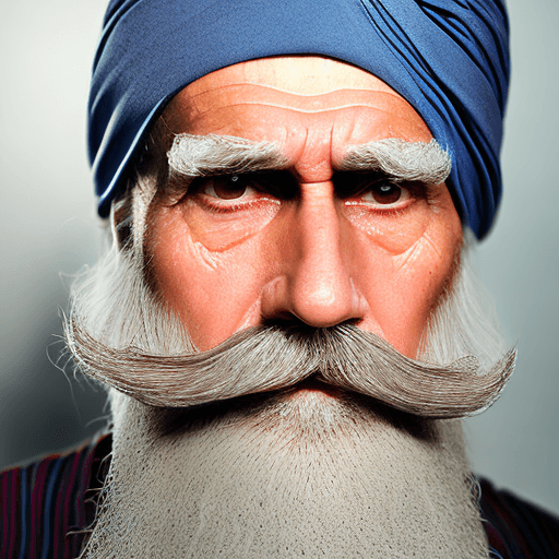 AI generated: The image features an older man, a long white beard and mustache, wearing turban, He has a stern exp...