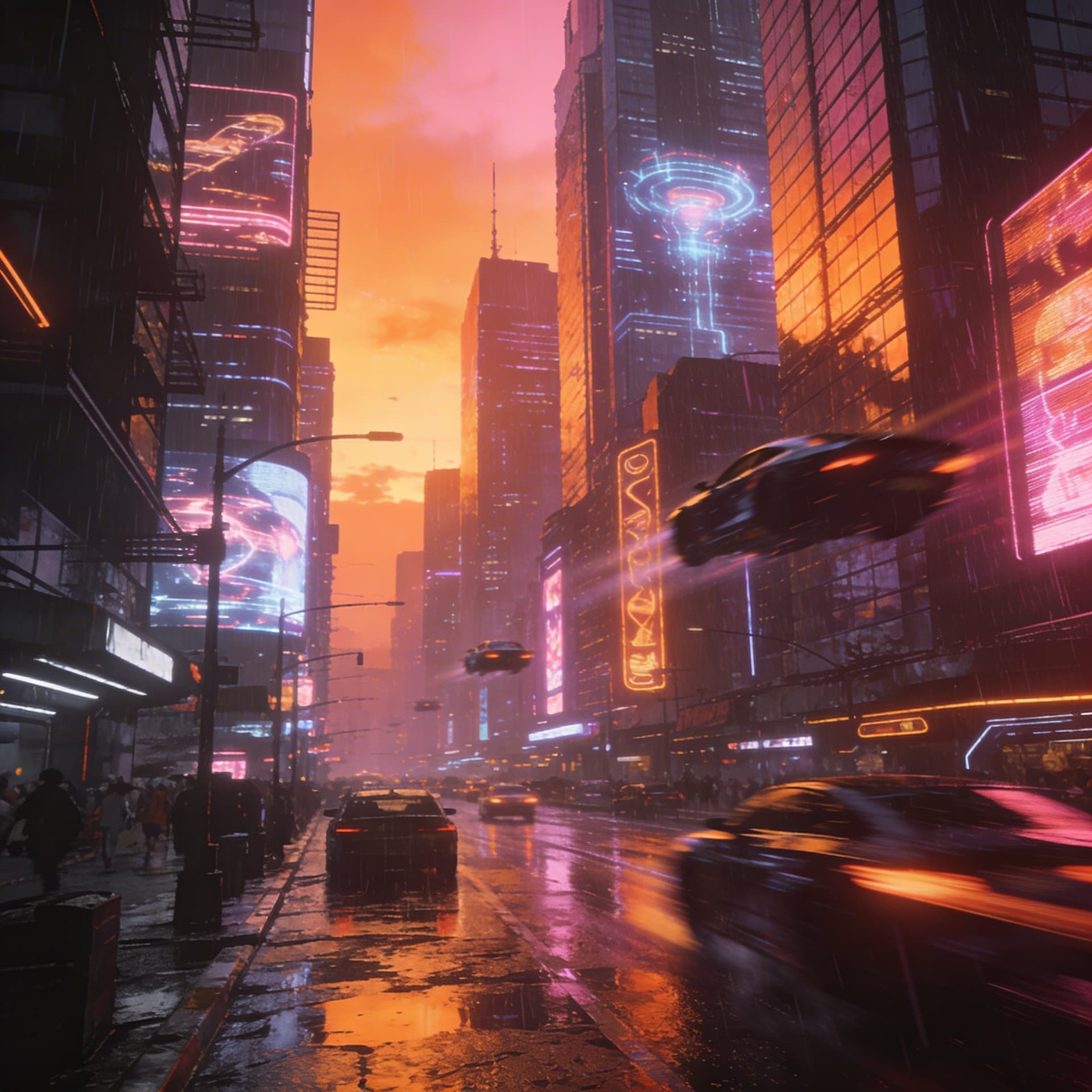 AI generated: A cyberpunk city at sunset