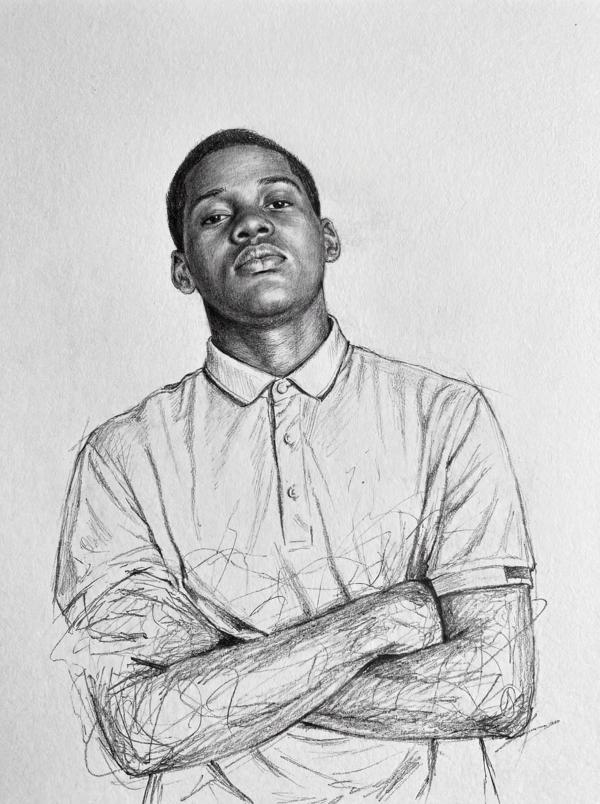 AI generated: Portrait réaliste au crayon noir et blanc en bas fais comme le dessin na pas bien fini crache crache...