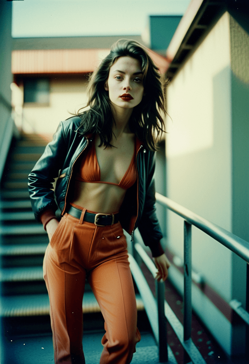 AI generated: analog color film photograph of a woman walking up a flight of stairs, holding on to the railing, we...
