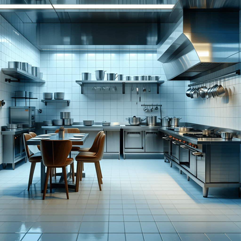 AI generated: Low-Poly, Restaurant Kitchen, Concept for a VR Game, Tiled Floor, Reflective