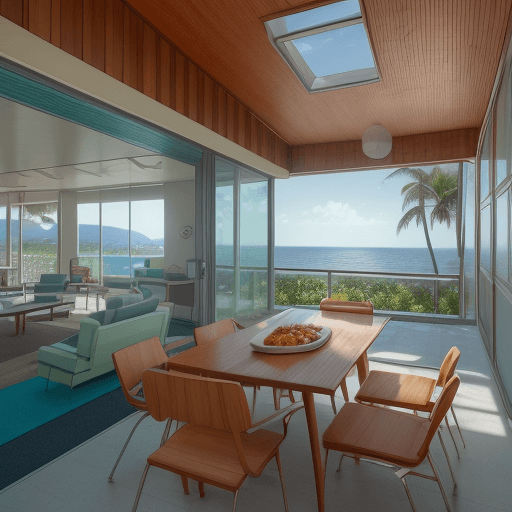 AI generated: Hyper realistic eye level exterior photo of a mid century modern style house overlooking the ocean, ...
