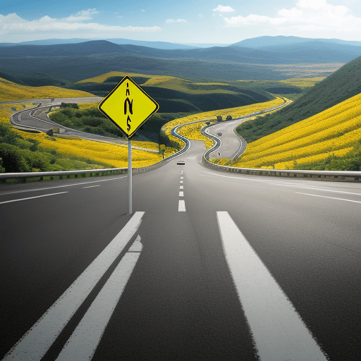 AI generated: panoramic view of a yellow traffic sign showing a winding road ahead.