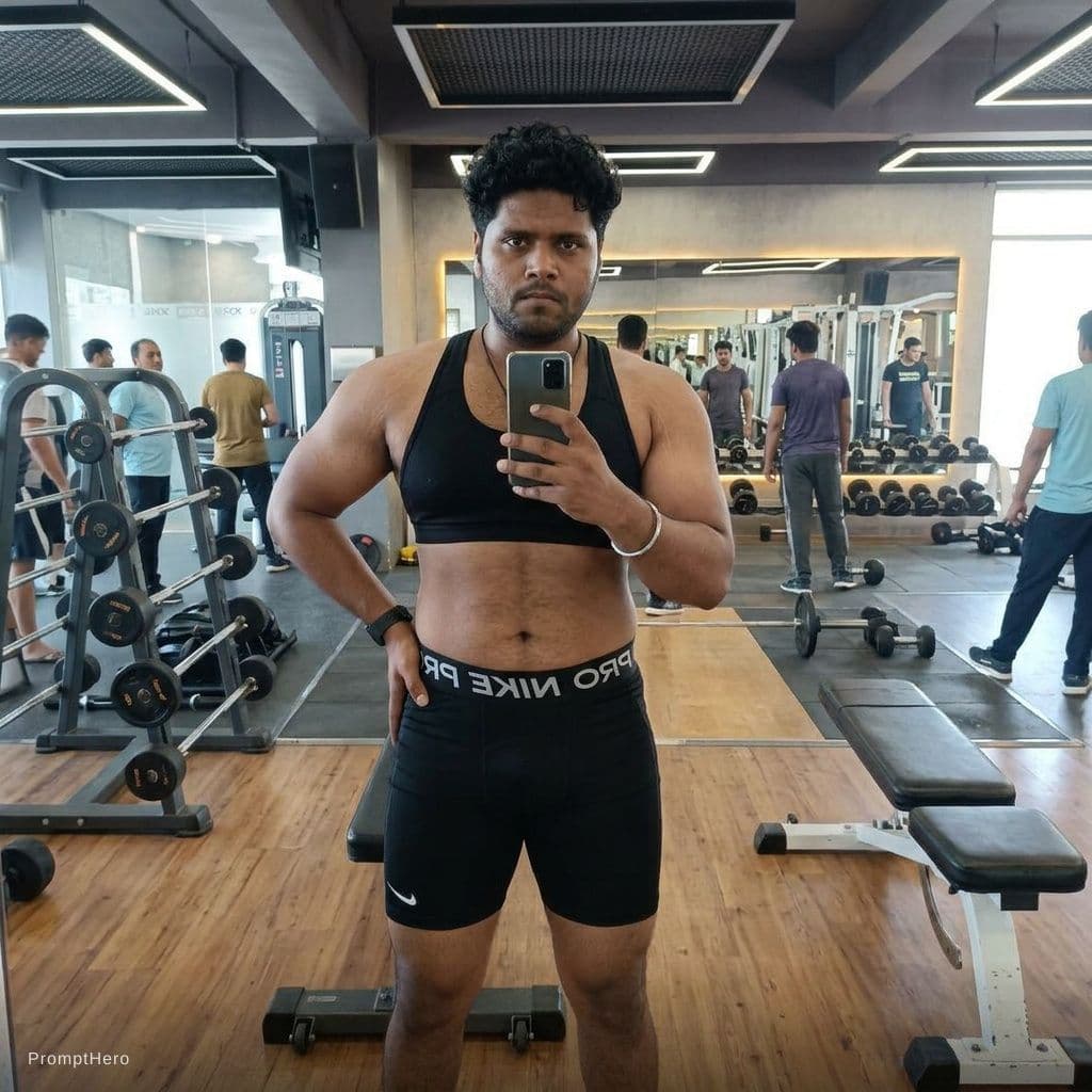 AI generated: Scene: Selfie in front of a mirror inside a gym with a wooden floor and workout equipment visible in...