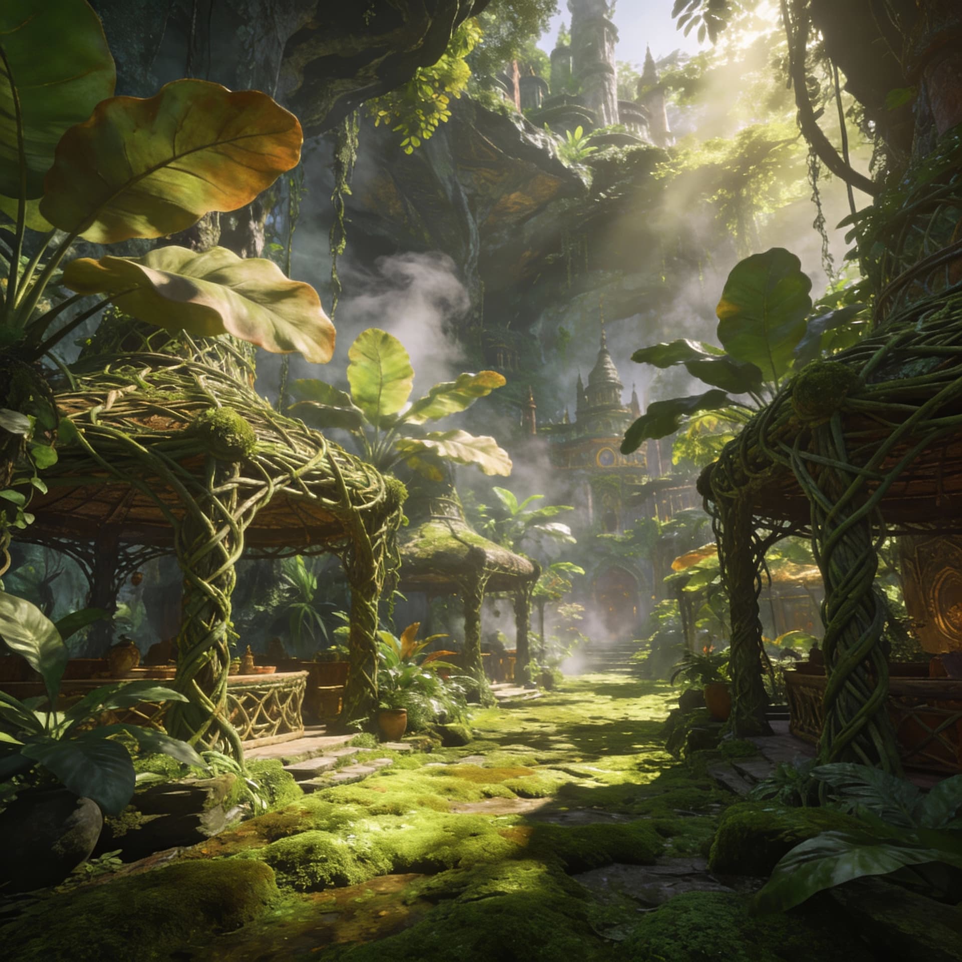 AI generated: Mid-evil fantasy world, Wheel of Time
  - City
  - A lush, humid city built within a massive, steami...