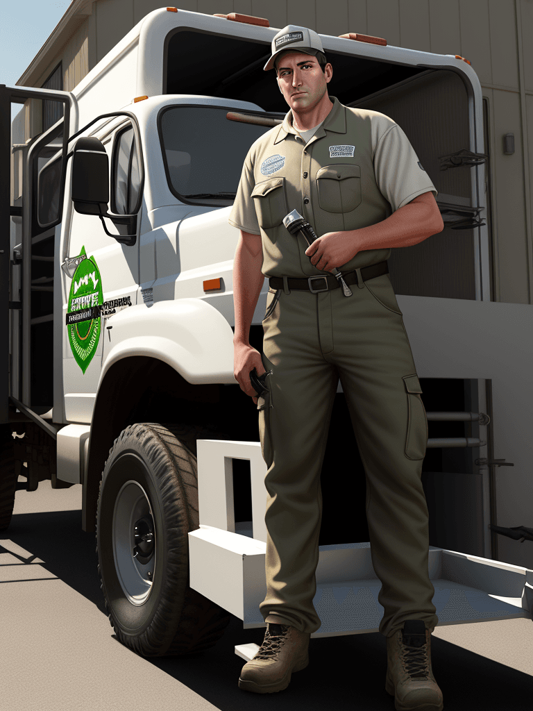 AI generated: Generate a photorealistic of a pest control exterminator standing next to his truck