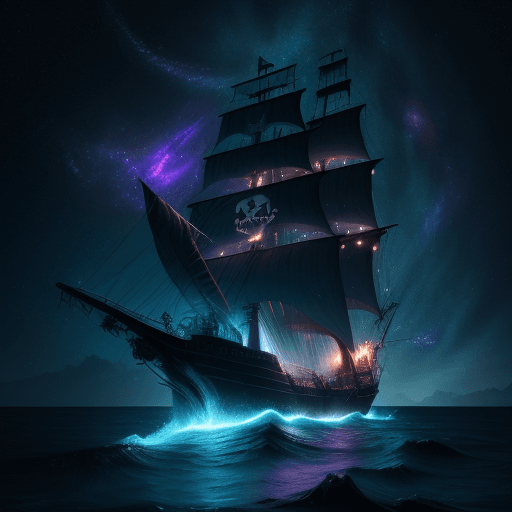 AI generated: (Pirate ship sailing into a bioluminescence sea with a galaxy in the sky), epic, 4k, ultra,