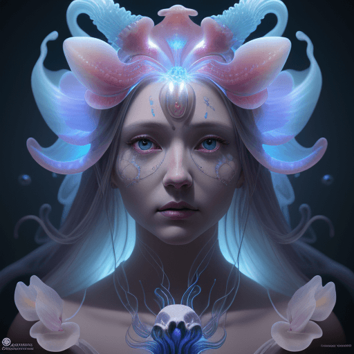 AI generated: Goddess close-up portrait ribcagel. jellyfish phoenix head, nautilus, orchid, skull, betta fish, bio...