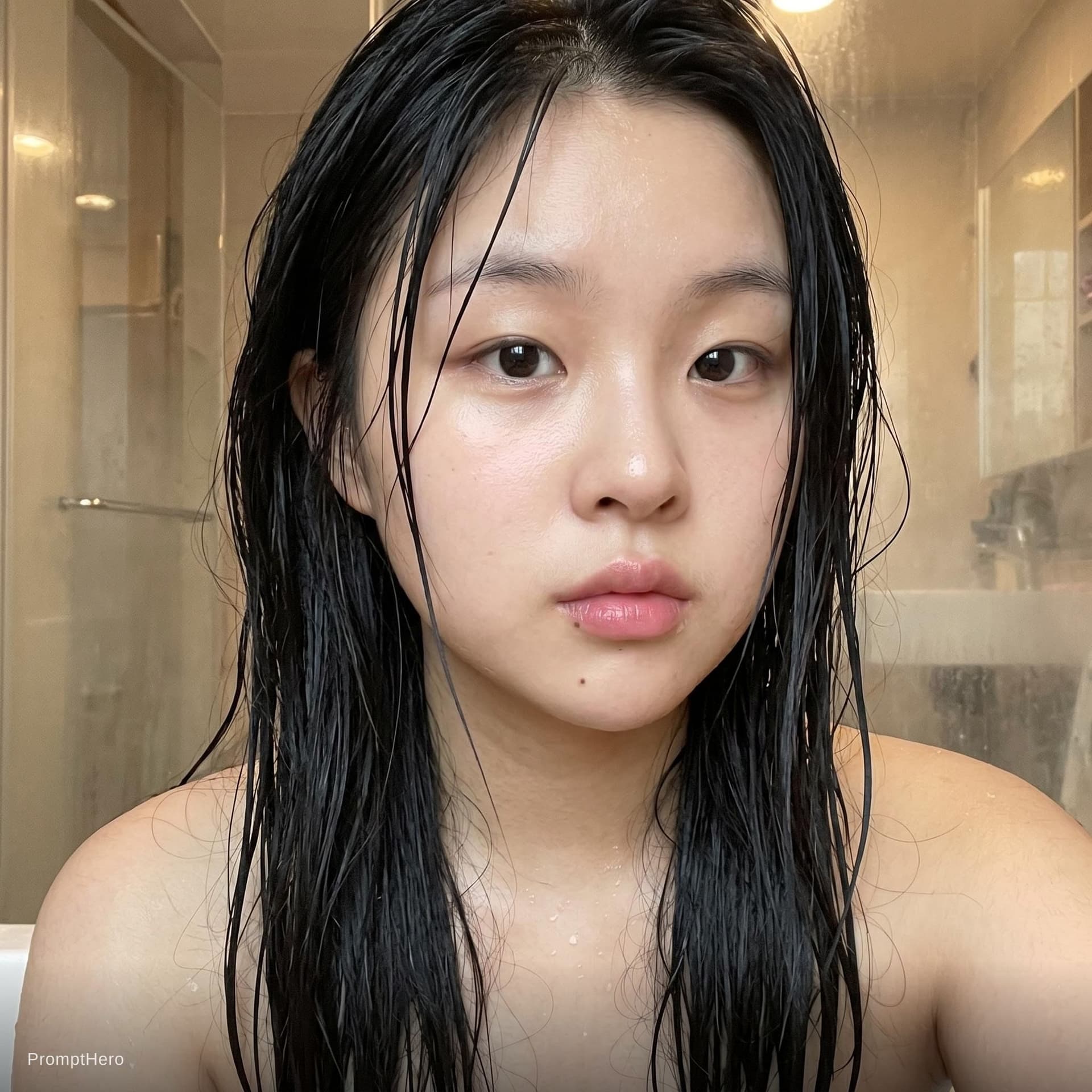 AI generated: Photorealistic selfie portrait of an ethereal Korean woman, 22 years old, perfect clear poreless dew...