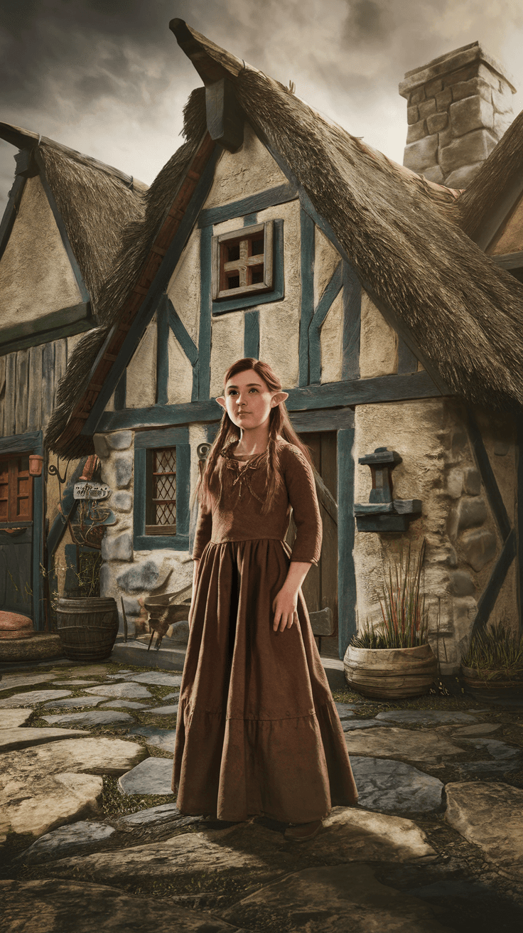 AI generated: A professional photo of a realistic of a female halfling tween medieval, outside village home  (4k, ...