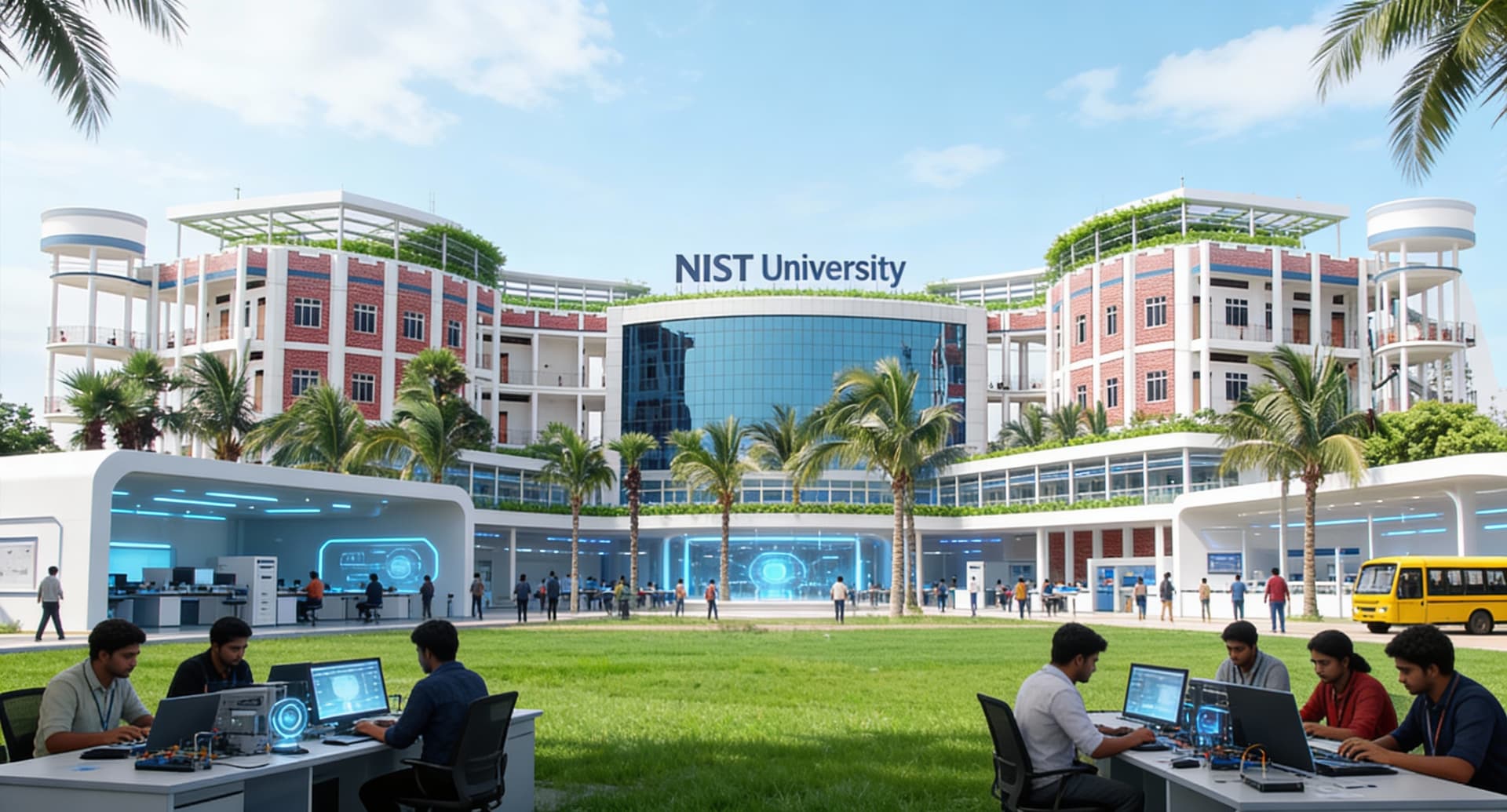 AI generated: “A modern, vibrant university campus of NIST University, Odisha, featuring advanced research labs, g...