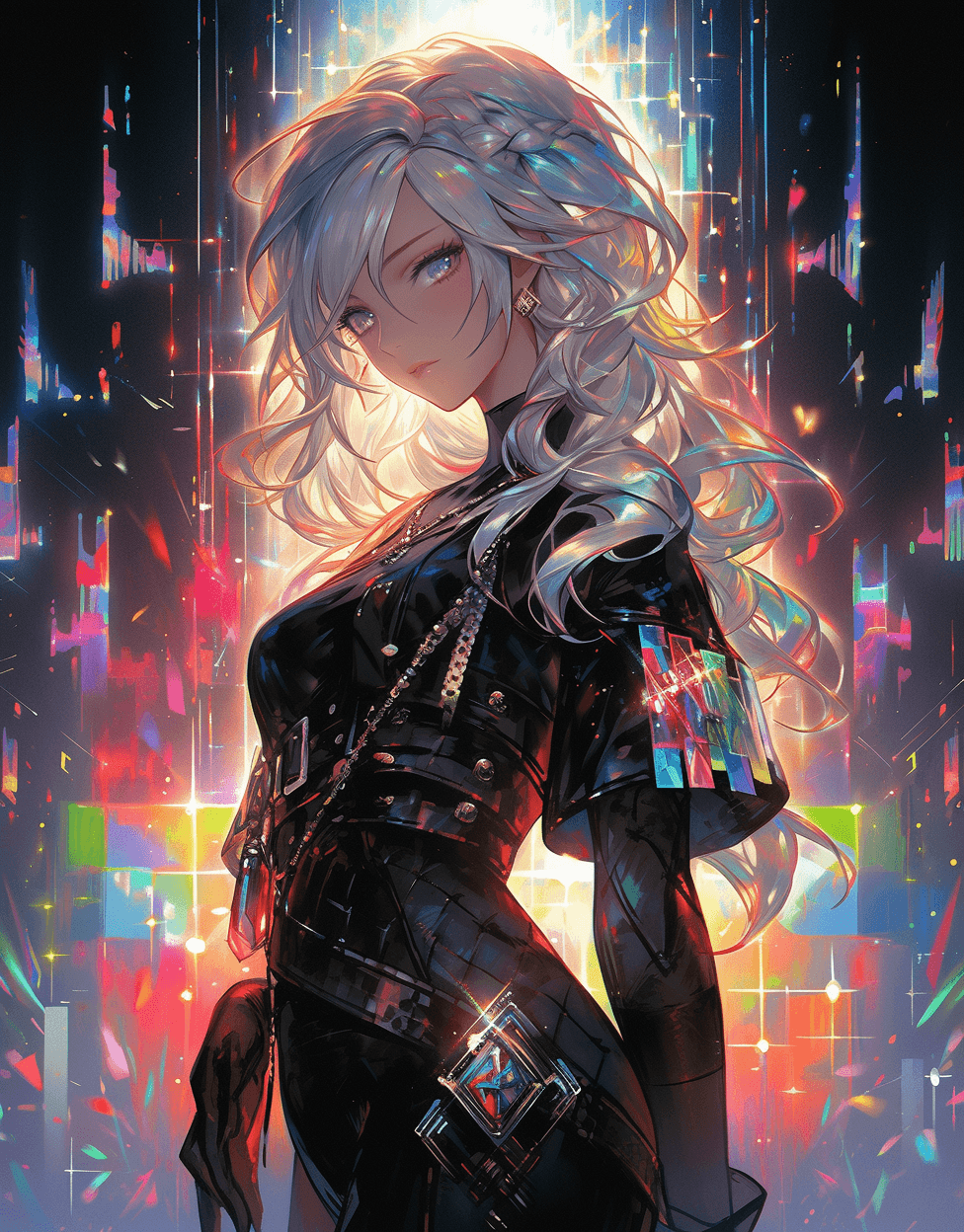 AI generated: an illustration of a woman with a white hair wearing a black t shirt, in the style of colorful fanta...