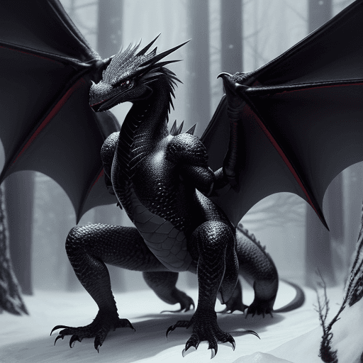 AI generated: handsome cute black dragon in snowy forest, dnd character, background focus, fantasy, magic, realist...