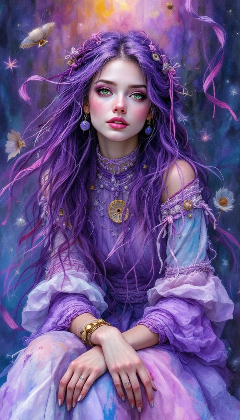 AI generated: "Amethyst Weaver in a Tapestry of Dreams": A dynamic abstract painting captures a weaver, with both ...