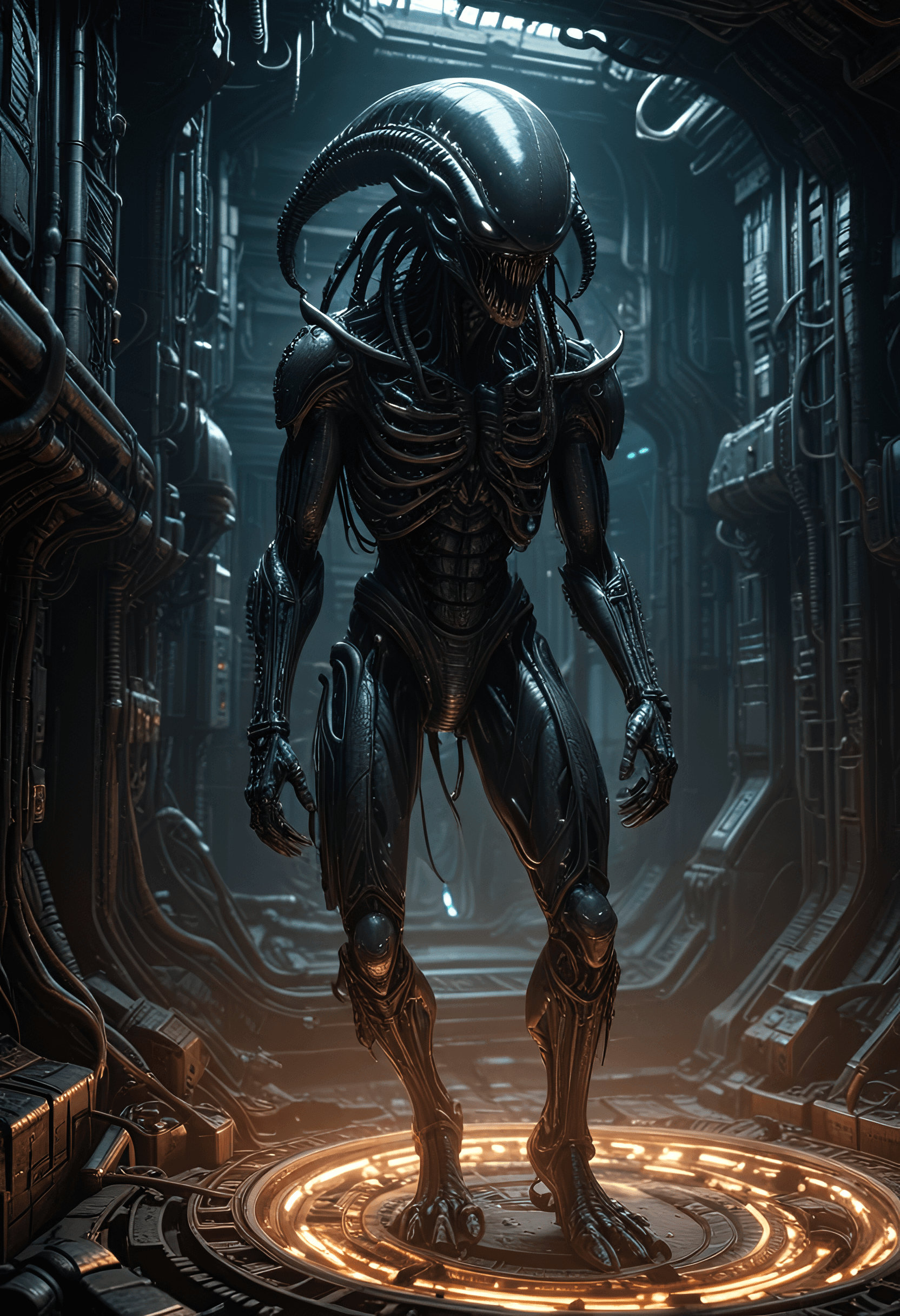 AI generated: Xenomorph,H.R.Giger, in a creepy ,mystique old spaceship,dramatic lights,slimy,intricate details,,8k...