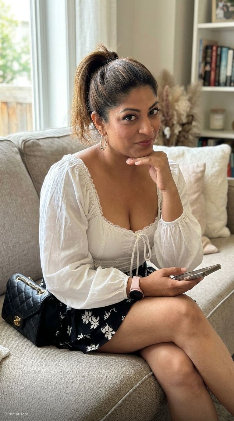AI generated: Sitting on a couch, teasing cute with a naughty expression, looking at camera, ponytail hairstyle,  ...
