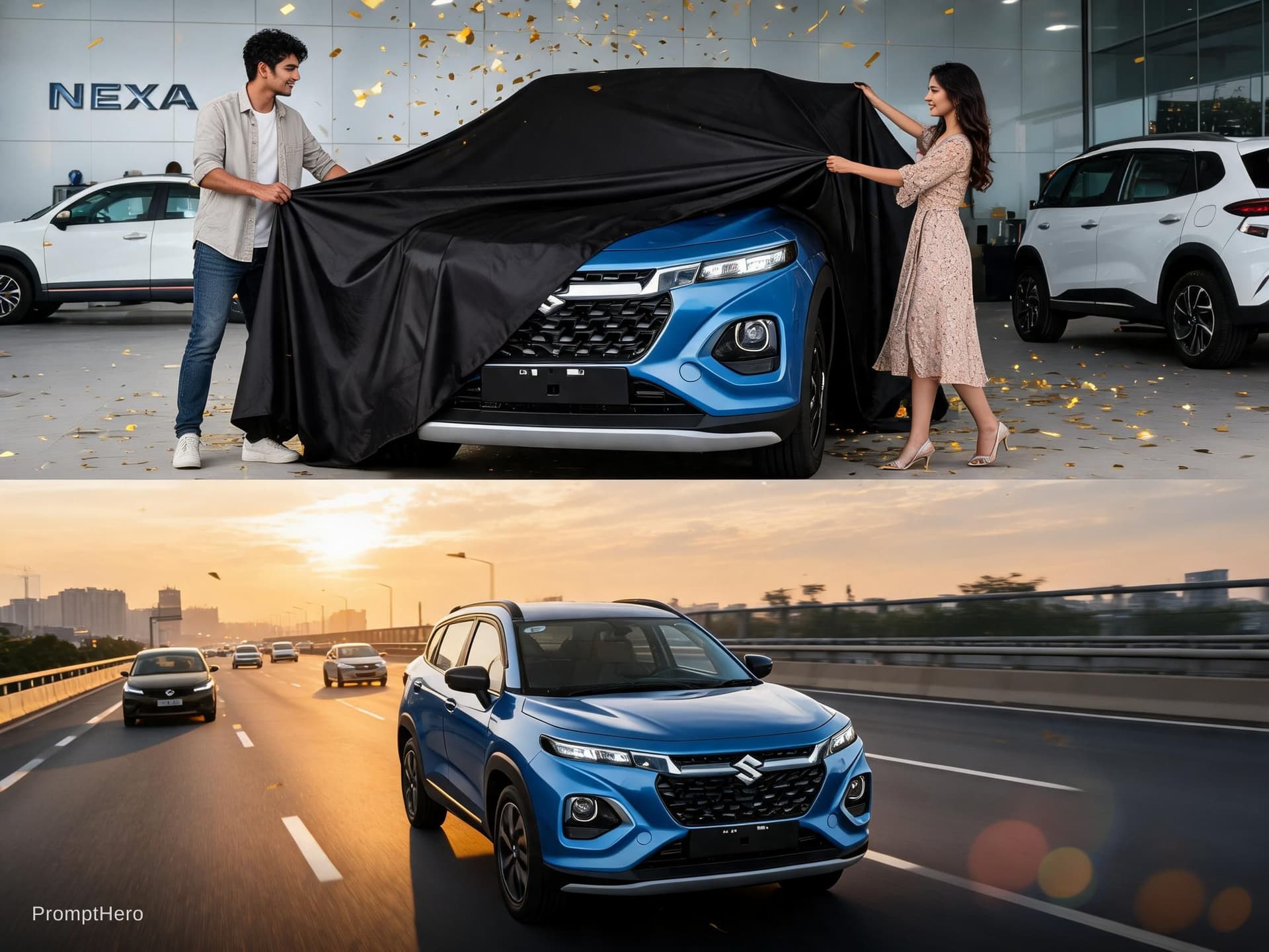 AI generated: "A cinematic, ultra-realistic 4K video of a car delivery inside a premium showroom. A modern Nexa-bl...