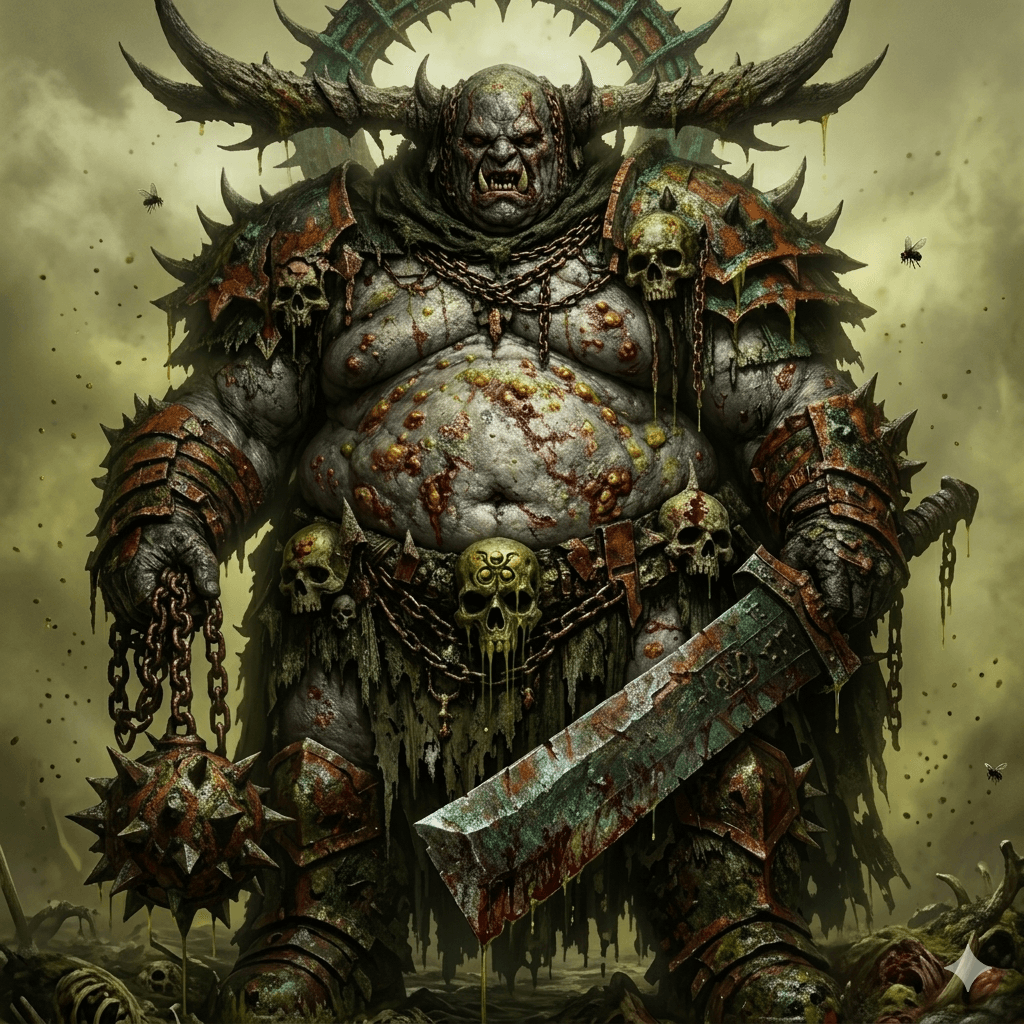 AI generated: Colorize this image to depict a devoted follower of Nurgle, embodying decay, rot, and grotesque resi...