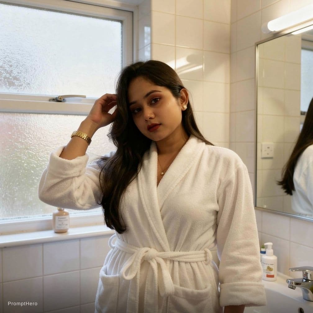 AI generated: A young woman in towels in a domestic bathroom, with soft natural lighting.