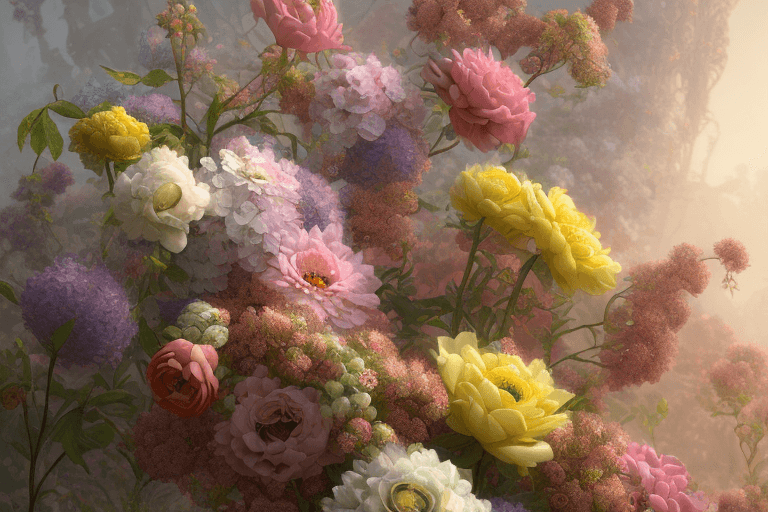 AI generated: mdjrny-v4 style, garden bursting with flowers, art by Paulina Góra and Rachel Ruysch