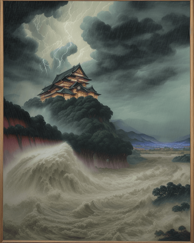 AI generated: A heavy storm and flooding of a countryside,
rain,typhon,
litter,
intricate detail,
in the style of ...