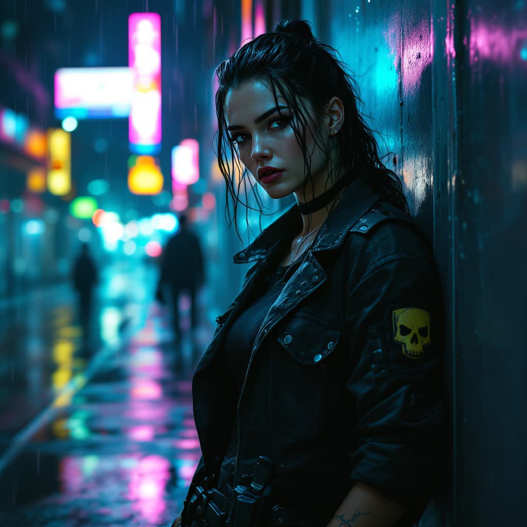 AI generated: Cyberpunk. A hardened woman with slicked-back wet black hair, athletic build, wearing a black tactic...